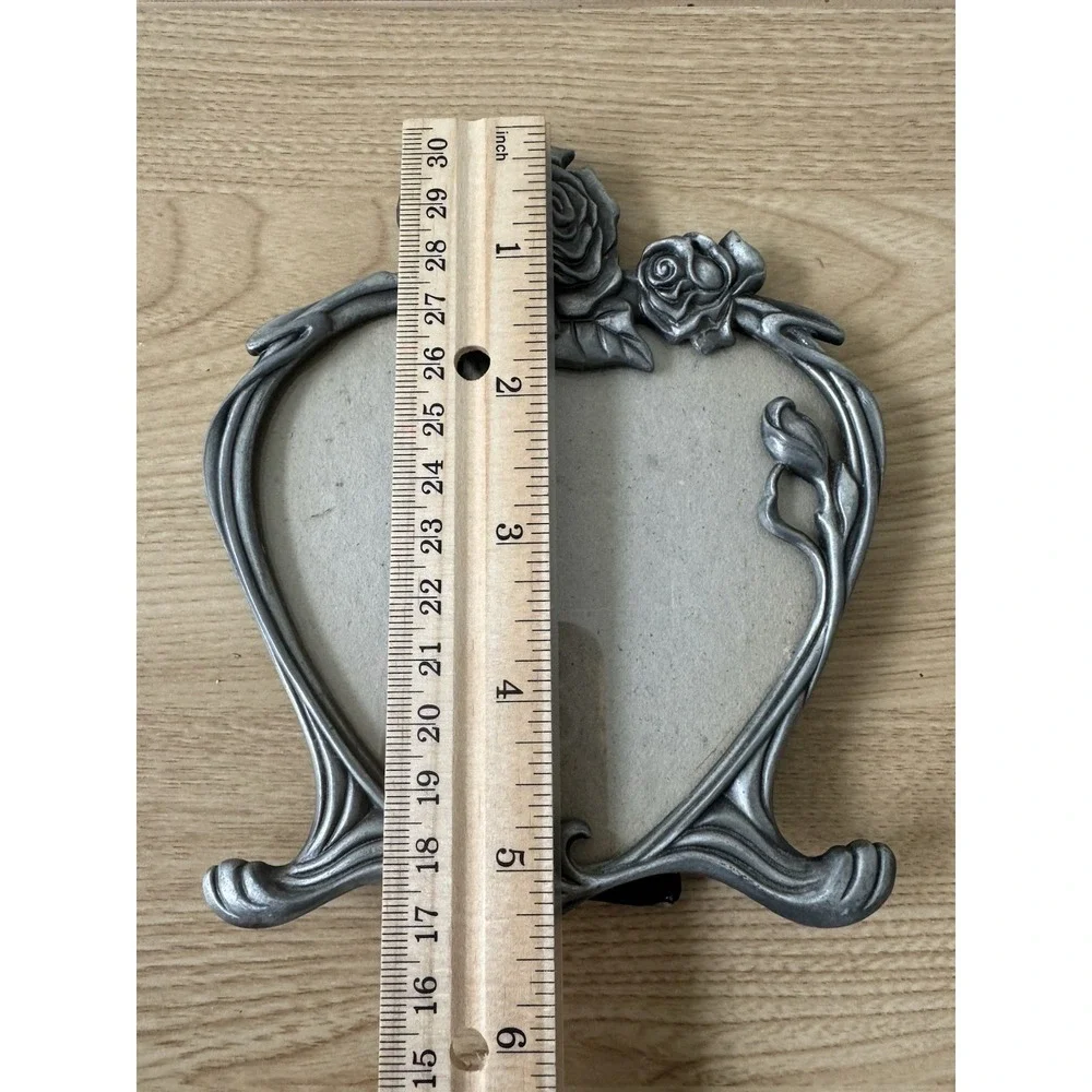 Ornate Silver Tone Heart Picture Frame Raised Roses Victorian Floral Tabletop